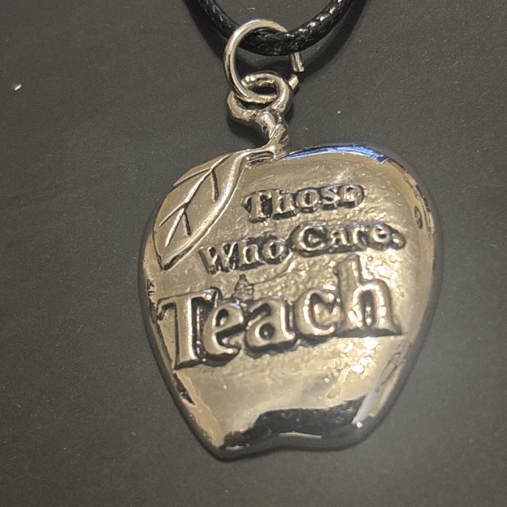 Those Who Care Teach Apple Pendant Necklace Silver Tone Teacher Gift Black Cord